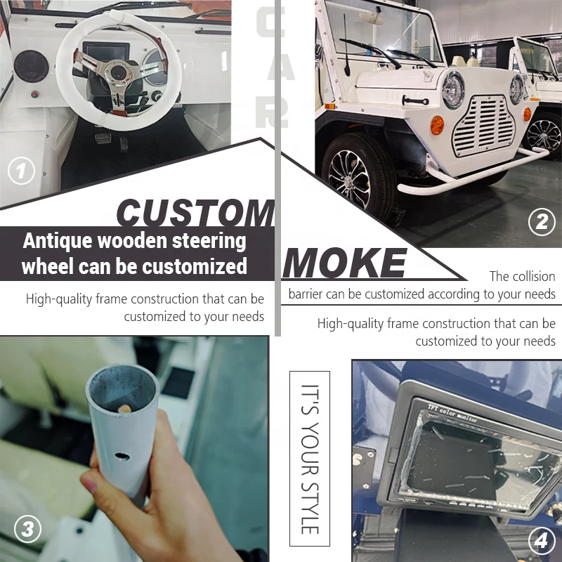Classic Off-Road Tire Electric Mini Moke for Car Beach & Sightseeing Vehicle 96V 10KW 4 Passengers Customized Color