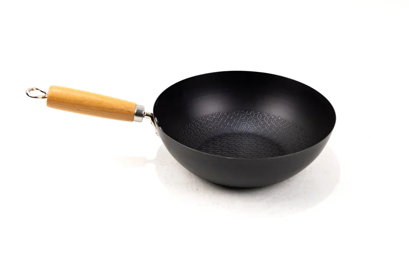 Large Carbon Steel Wok Flat Bottom Wok With Lid And Wood Handle Suitable For All Cooktops