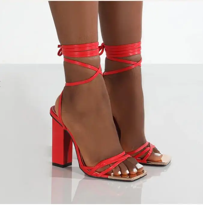 Lace up  Strap square High Heel  square Cap  Toe Faux Leather   Sandals for Women and  Laddies