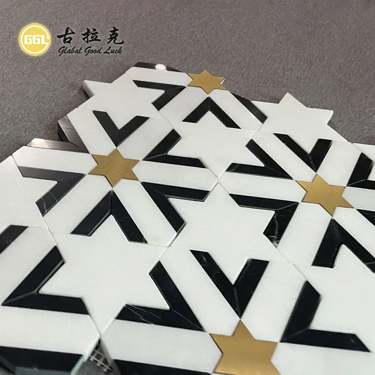 Star Shape Marble Mosaic Inlay With Star Brass Waterjet Mosaic Tile