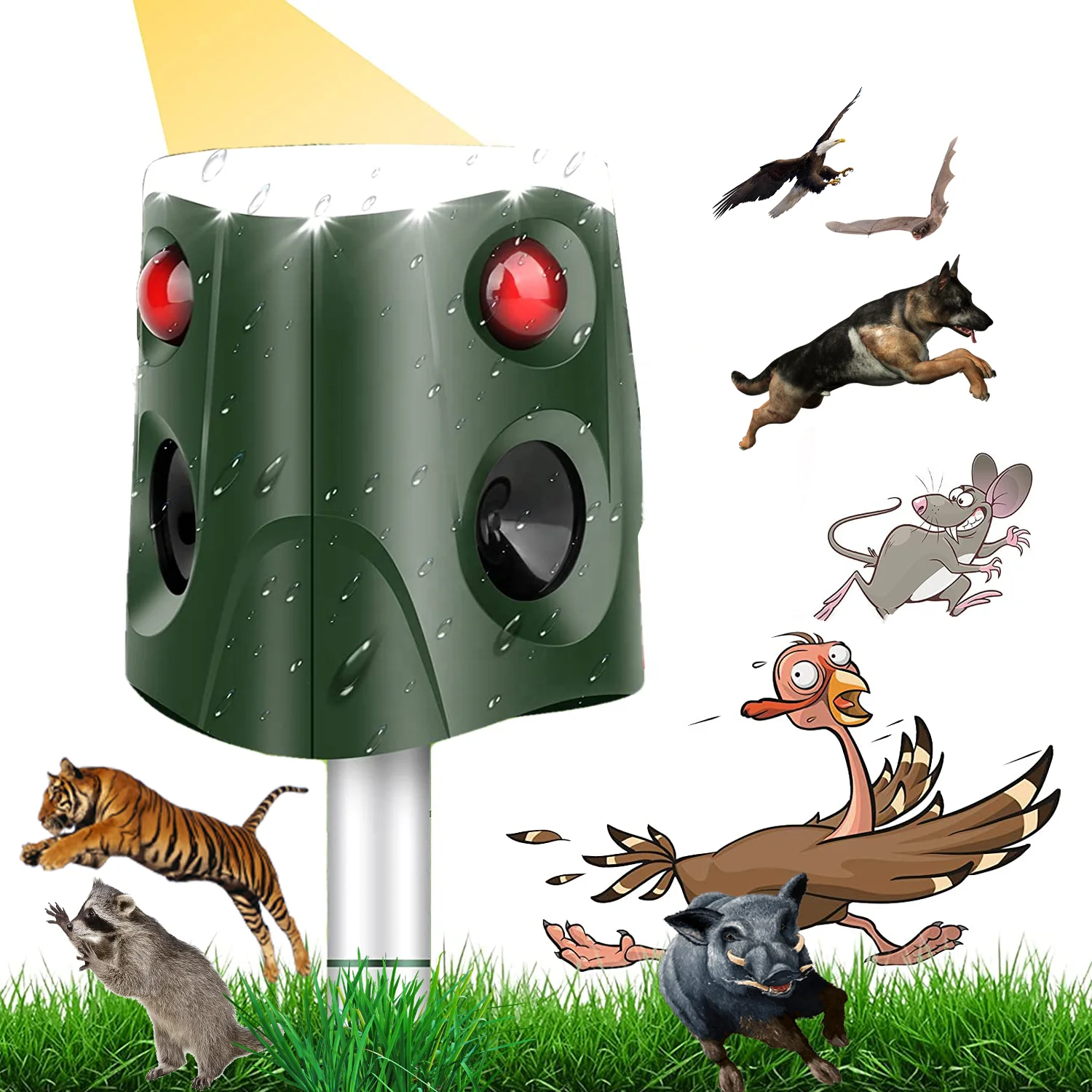 SAIJZEK.Outdoor High Effective 360 Degree Ultrasonic Solar Animal Repeller Tri-face Sonic Bird Cat Dog Deer Bear Solar Repeller