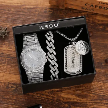 3pcs/set Good Plated Cuban Chain Bracelet Crystal Watch Sets Silver Coin Name Pendant Full Rhinestone Crystal Watch Bracelet Set