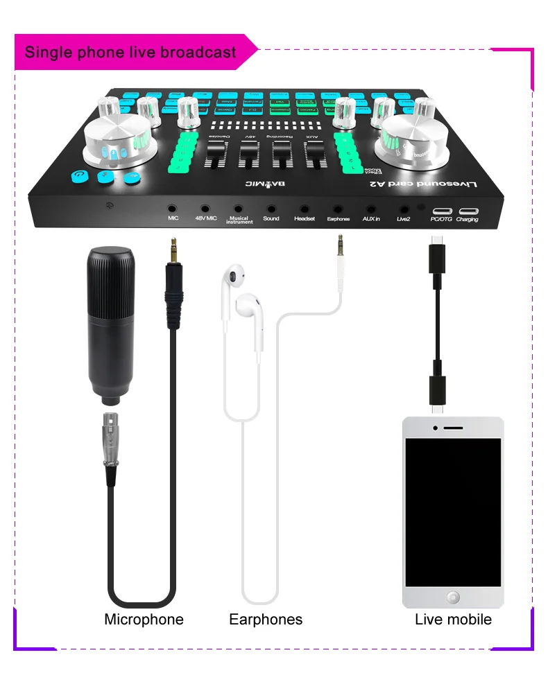 Professional 48v Audio Mixer Sound Card With Microphone For Broadcasting