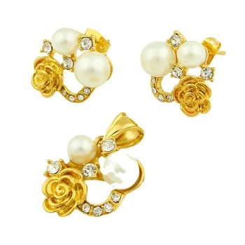 JH Popularity New Design Anniversary Rhinestone Pearl For Woman Girls Gold Plated Jewelry Set