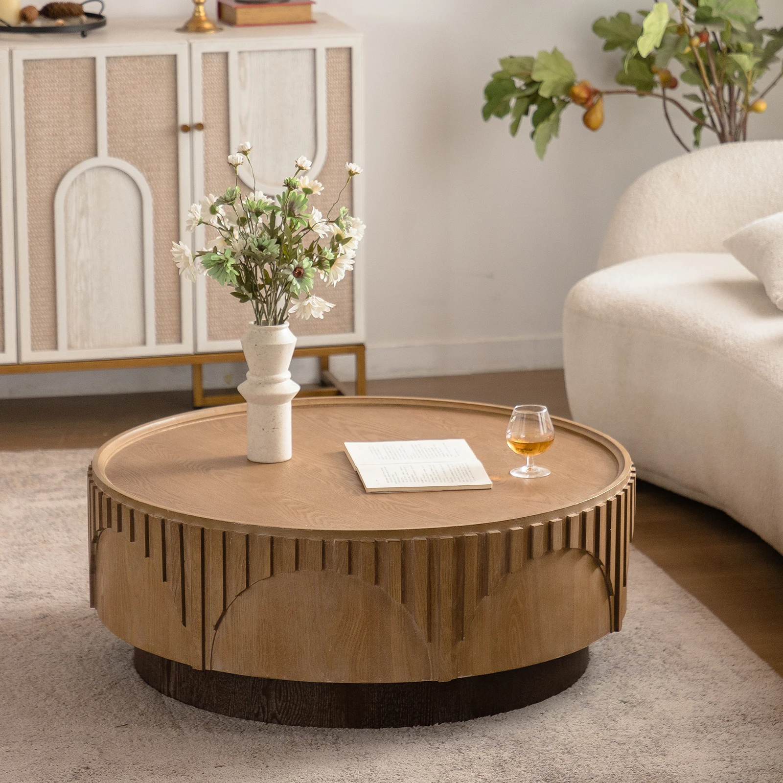Aurelle Carved Drum Coffee Table — product detail