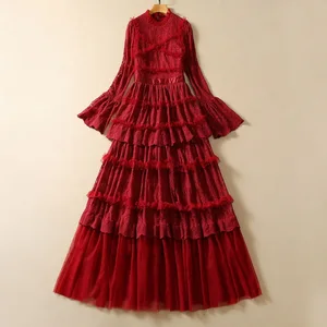 Layered Dress 2026 Autumn New Trumpet Sleeve Yarn Mesh Lace Dress for Women