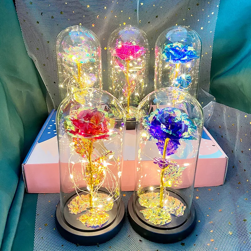 product valentines mothers day gift artificial decorative flower galaxy rose led light 24k golden foil rose in glass dome-60