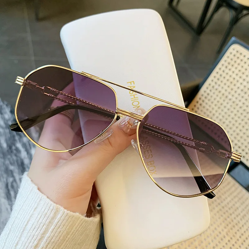 Brand Polygonal Metal Frame Pilot Sunglasses Women's 2024 Trend Fashion  Double Bridge Rectangle Sun Glasses Men Vintage Eyewear