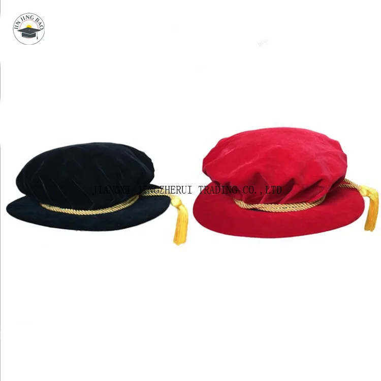 Factory Custom Doctoral  Velvet Tams With Gold Cords Doctoral Tudor Bonnets Doctoral Graduation Cap With Masters Graduation Gown