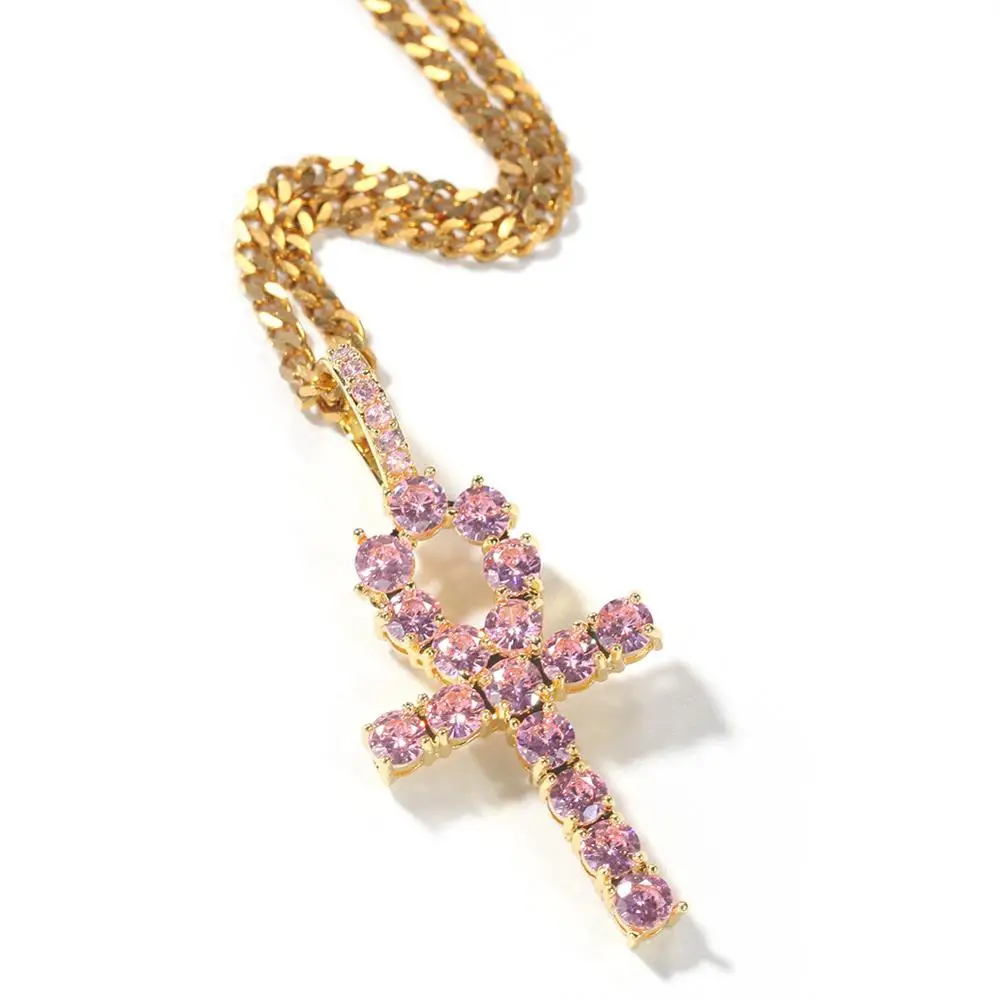 Pink Iced Ankh Cross Pendant Cubic 