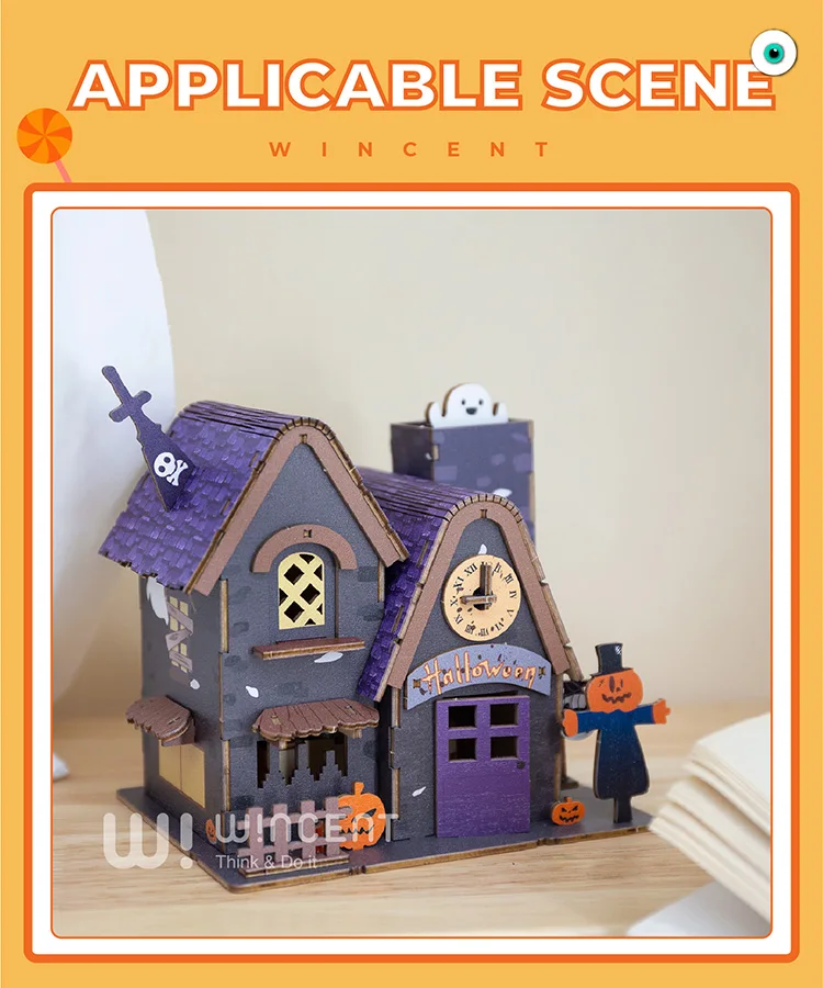 Wincent Wooden Creative Wind Up Music Box Kids Halloween House Puzzle