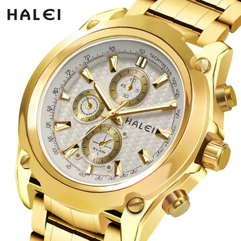 HALEI 3020 Brand Luxury Mens Watch Temperament Gold Wrist Watch Fashion Trend Waterproof Men Quartz Watches