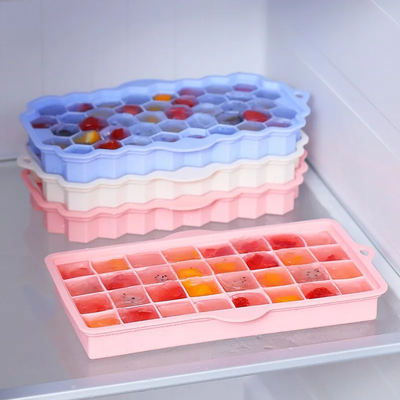 Reusable Food Grade Multi-color Kitchen Flexible 32/42 Grid Ice Tray Silicone Mold with Detachable Lid, Easy to Demold