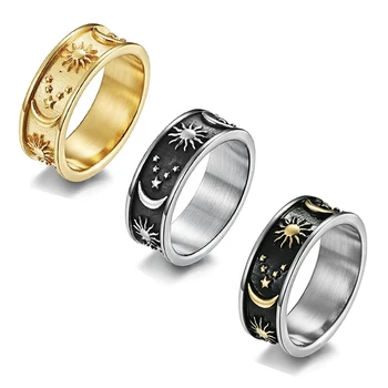 Anel Unique Design Vintage Moon Star Sun Statement Ring High Quality Gold Plated Stainless Steel Boho Finger Ring For Women Men