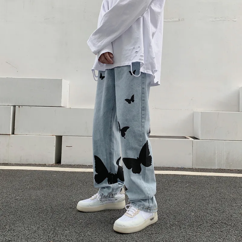 Butterfly Print High Waist Straight Washed Light Blue Denim Pants Jeans for Women Stylish