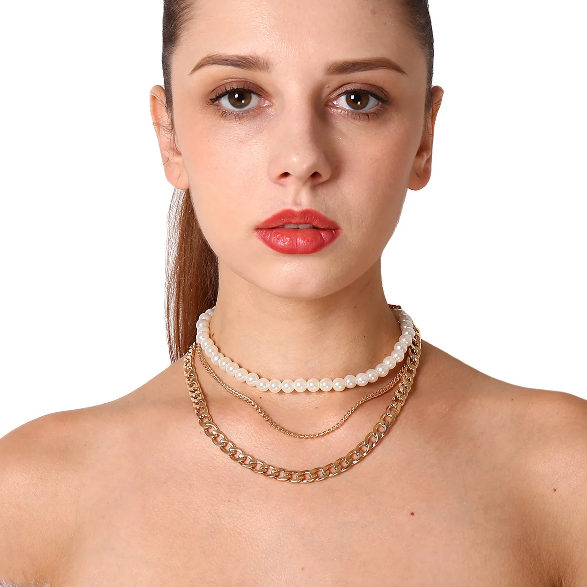 Occident popular personality exaggerated necklace elegant luxurious pearl necklace alloy multilayer gold necklace for Women