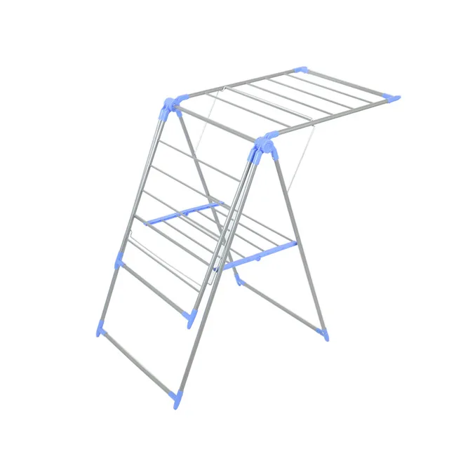 Modern Outdoor Portable Iron Cloth Drying Rack Double Tiers with Flexible Wings Foldable Standing Type for Shoes and Bedding