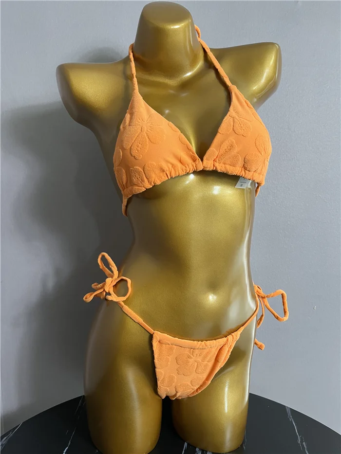 Yifeng 2022 Custom Low MOQ Fast Delivery Tie Side Two Piece Halter Green Terry Swimsuit