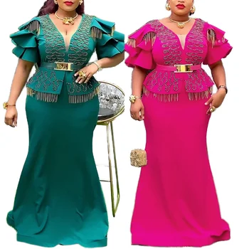 Women's Elegant African Casual Dresses Latest Design Plus Size Hip Bodycon with V-Neck Flare Short Sleeves Natural Waistline