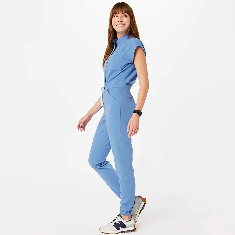 Bestex Blue Color Medical Uniform Scrubs Set Plus Size Hospital Security Uniform Custom One Piece Nursing Jumpsuit Scrubs Set