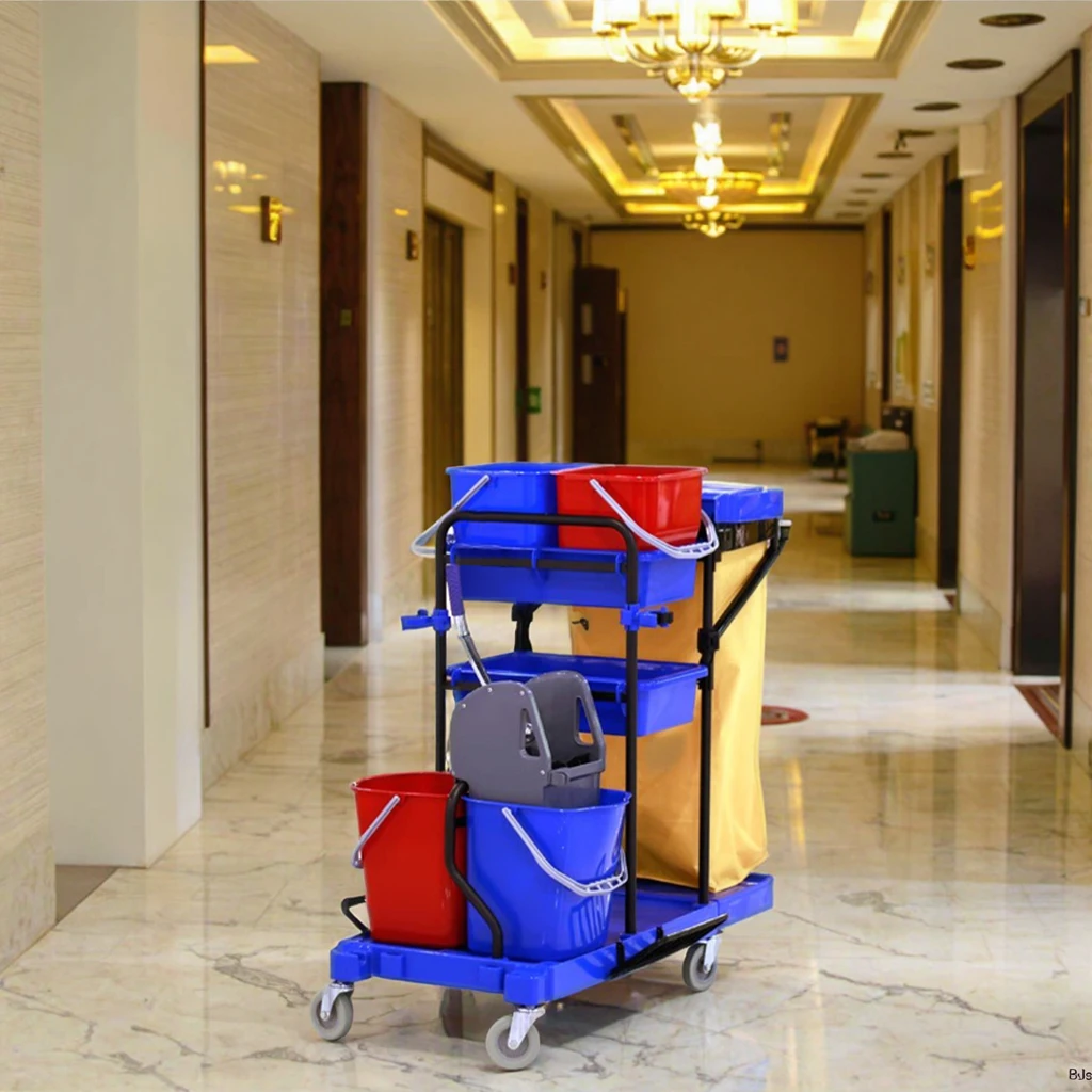 Hotel Cleaning Cart Plastic Janitor Trolley for Housekeeping for Maid Service Folding Design Supplies Cart Service Trolley