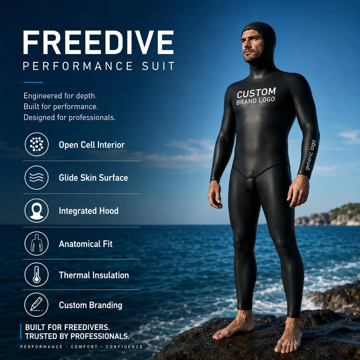 Custom Men Freediving Wetsuit Two-Piece Hooded Premium Neoprene Open Cell Glide Skin 3mm 5mm 7mm Cold Water Diving Suit for Men