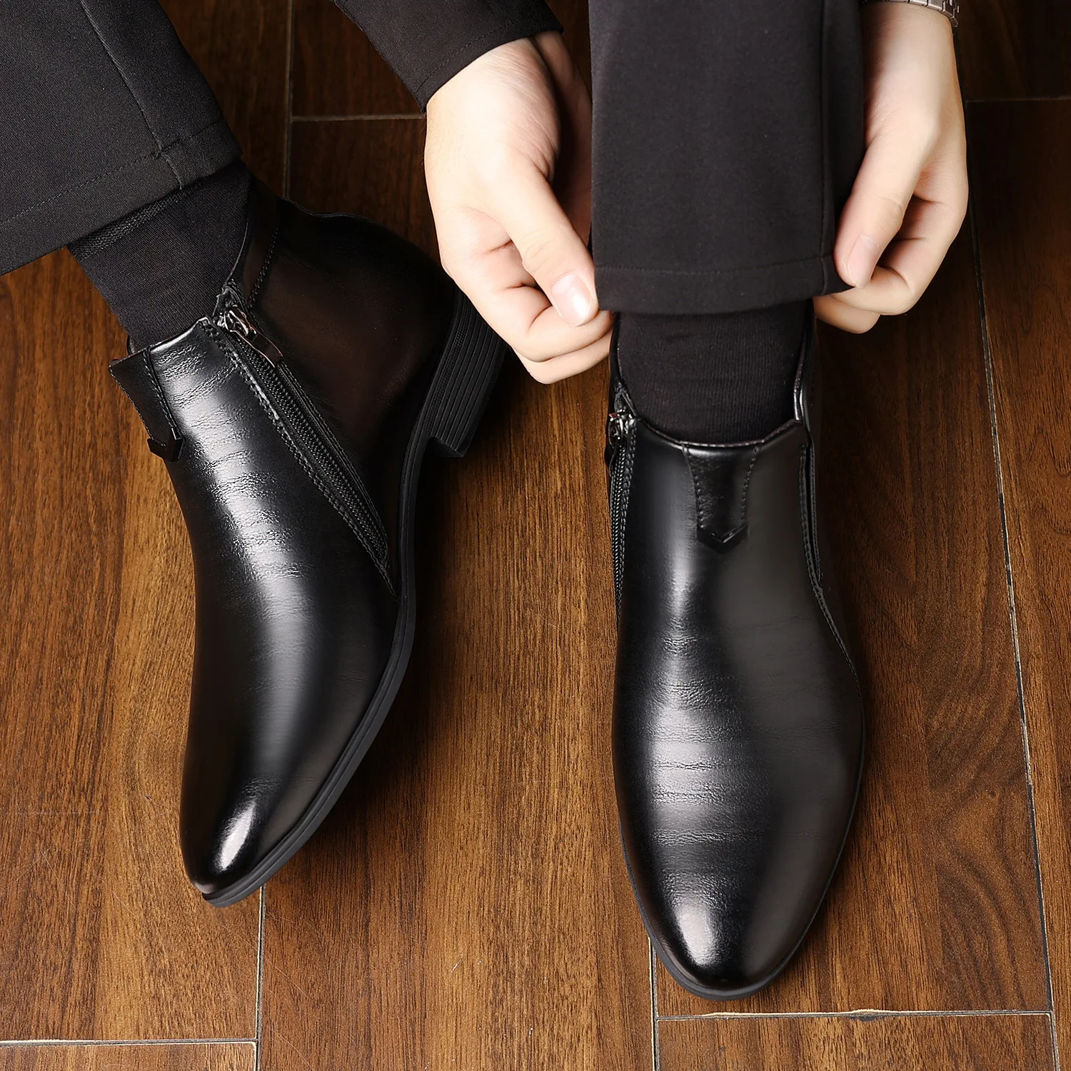 Wholesale New Style Fashion Height Increasing Men's Zip PU Leather  Resistant Motorcycle Boot Dress Shoes Men Ankle Boots