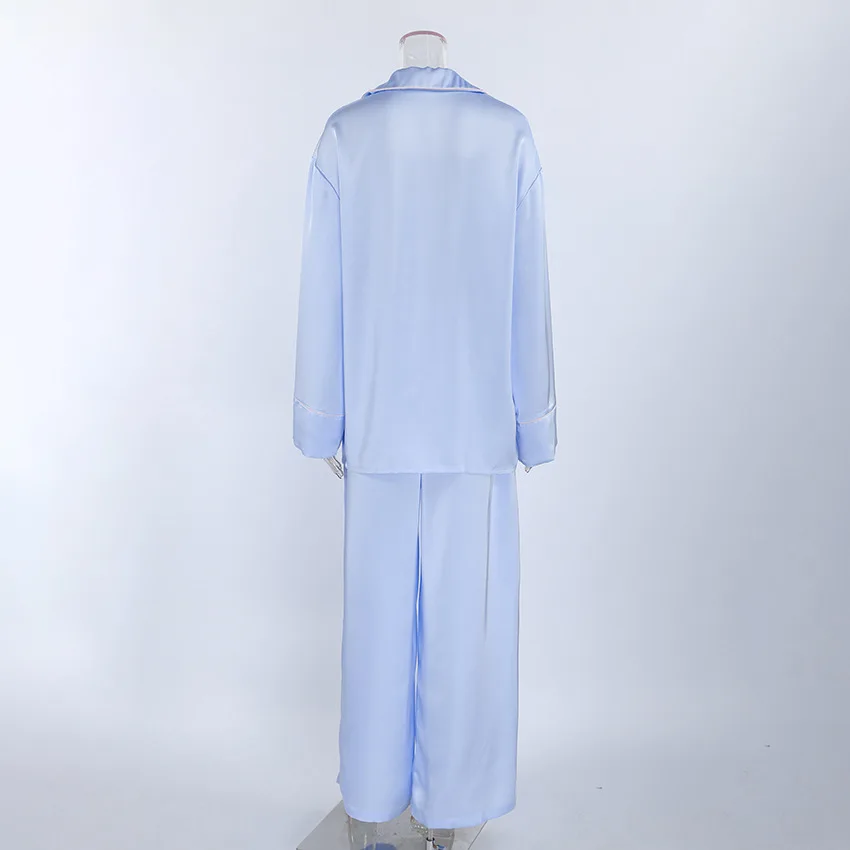 Women's Autumn Winter Soft Polyester Pajama Set Lapel Long Sleeve Shirt Loose Pants Casual Loungewear — detail