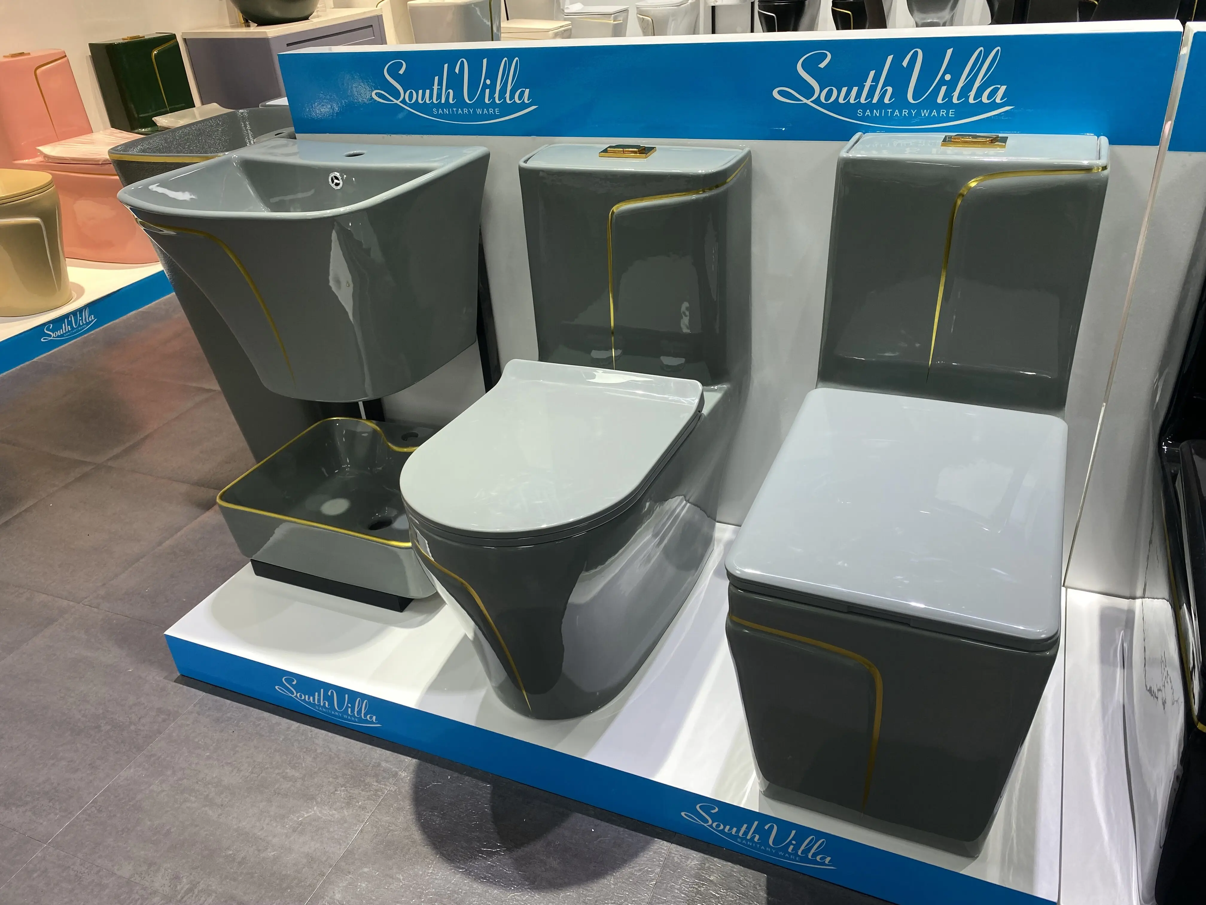 Gray Gold Line Luxury Design Wc Floor Mounted Water Closet Wash Basin Bathroom One Piece Toilet