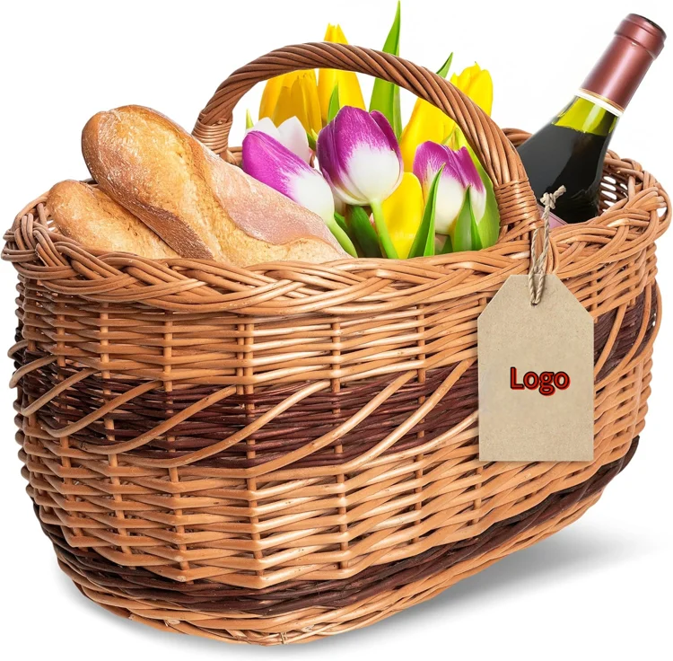 JY Creative Home Large Wicker Picnic Basket with Handle Shopping Basket Braided Holiday Empty Gift Willow Basket With Handle