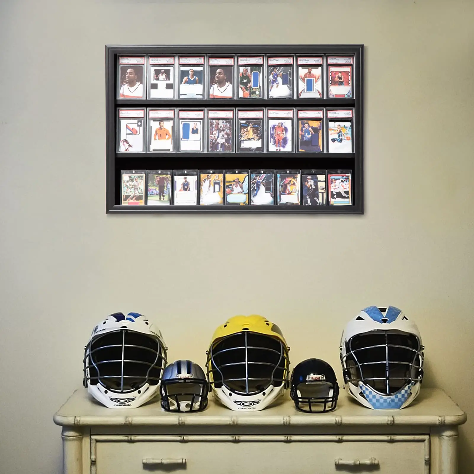 Black 24 Graded Sports Trading Card Display Case - UV Printed Wall Cabinet for Collectible Trading Cards Display Black 24 Graded Sports Trading Card Display Case - UV Printed Wall Cabinet for Collectible Trading Cards Display