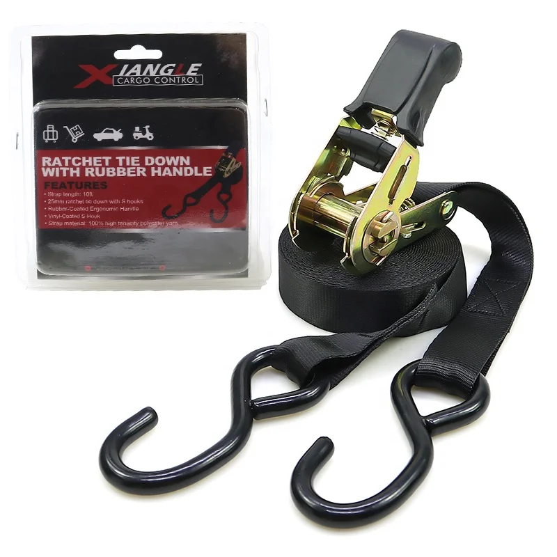 25mm lockable s hook ratchet tie down straps with molded handle