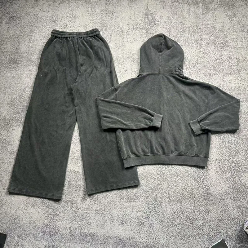 Customized Winter Casual Set Embroidered Knitted Sweatwear Suit with Washed Hoodie and Pickled Flared Pants Zippered Design