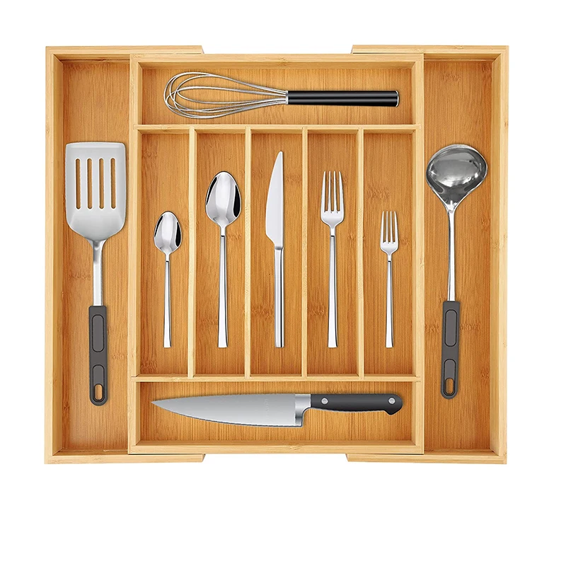 Wholesale 9 Compartments Bamboo Cutlery Tray Organizer Expandable Utensil Holder and Cutlery Tray Kitchen Drawer Organizer