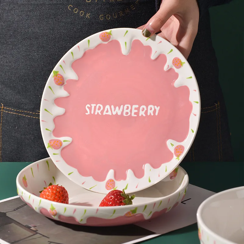 Ceramic Embossed Design Ice Cream Bowl Pink Strawberry Stereo Four Piece Set Wholesale Breakfast Bowl Plate