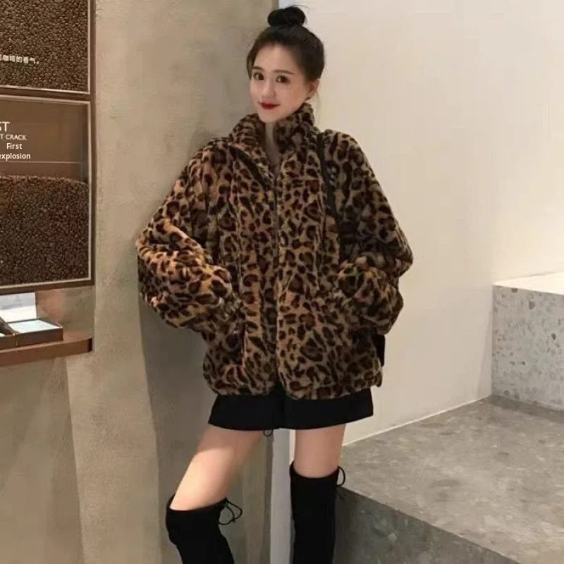 European American Autumn Winter New Korean Style Wool/Silk Slim ELEGANT Maternity Leopard Print Long Sleeves Coat Retro Women's