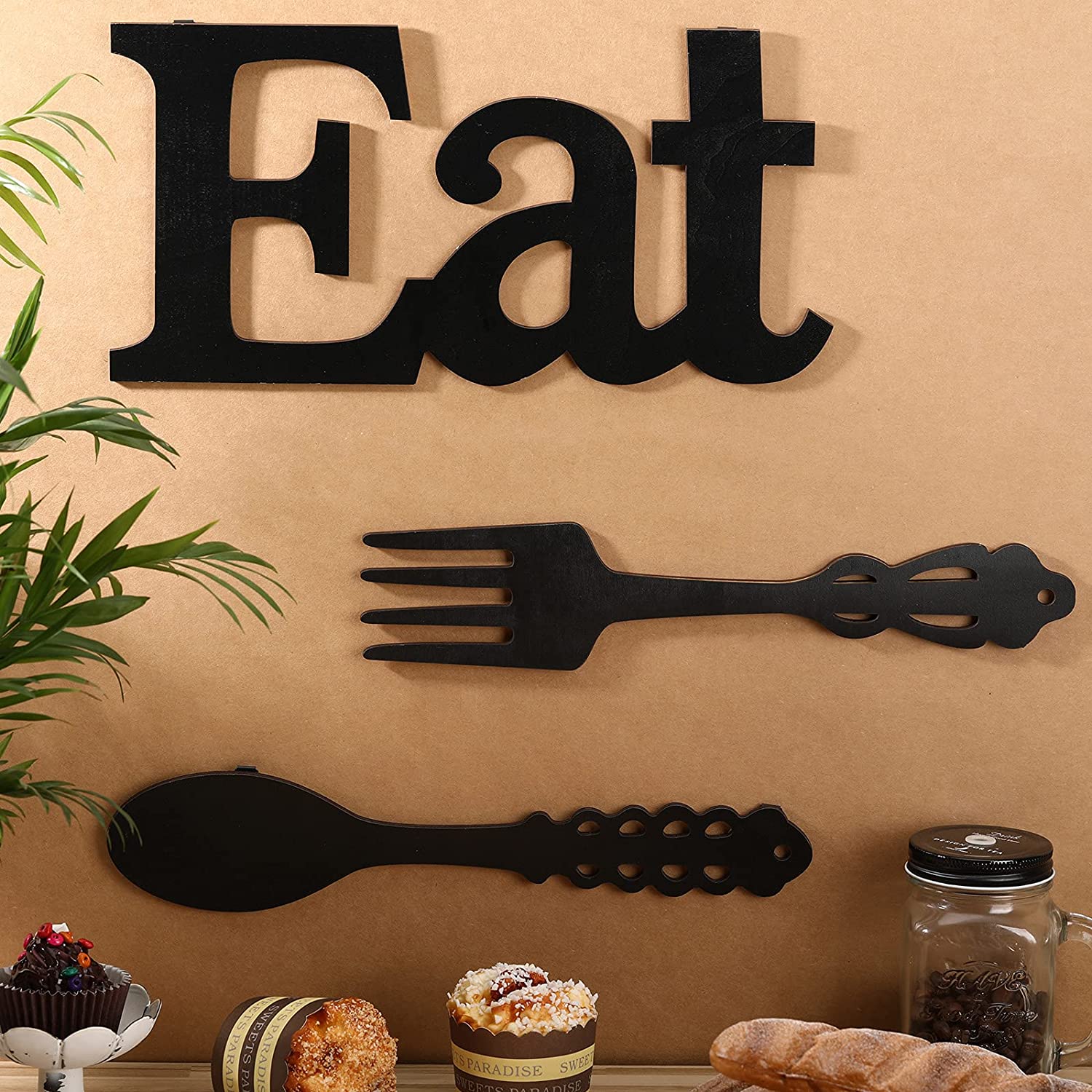 AVCULT 3 stuks houten Let's Eat Sign Keuken Decor Vork Lepel Teken Muur Decor Houten Opknoping Eten Borden Rustiek Hout Keuken Opknoping Decoratie Boerderij Muur Art Decor Voor Keuken Thuis (Kleur: C