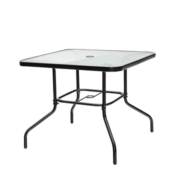 HOMECOME Modern Outdoor Furniture Single Square Tempered Glass Umbrella Hole Table ,Garden Park Steel Frame Coffee Dining Table