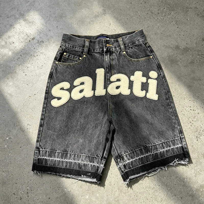 Custom Light Wash Rhinestone Patchwork Casual Baggy Cargo Men Denim Jorts Nylon/Cotton Breathable Summer Streetwear Plus Size gallery 7