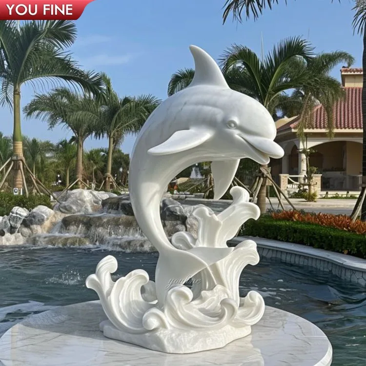 Outdoor Garden Decoration Hand Carve Natural Stone White Marble Dolphin