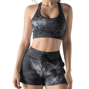 Women's Tie-Dye Sport Bra & Biker Shorts Set, Crisscross Back Yoga Workout Outfit for Gym Fitness