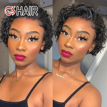GS 8インチナチュラルブラックショートカーリーピクシーウィッグ