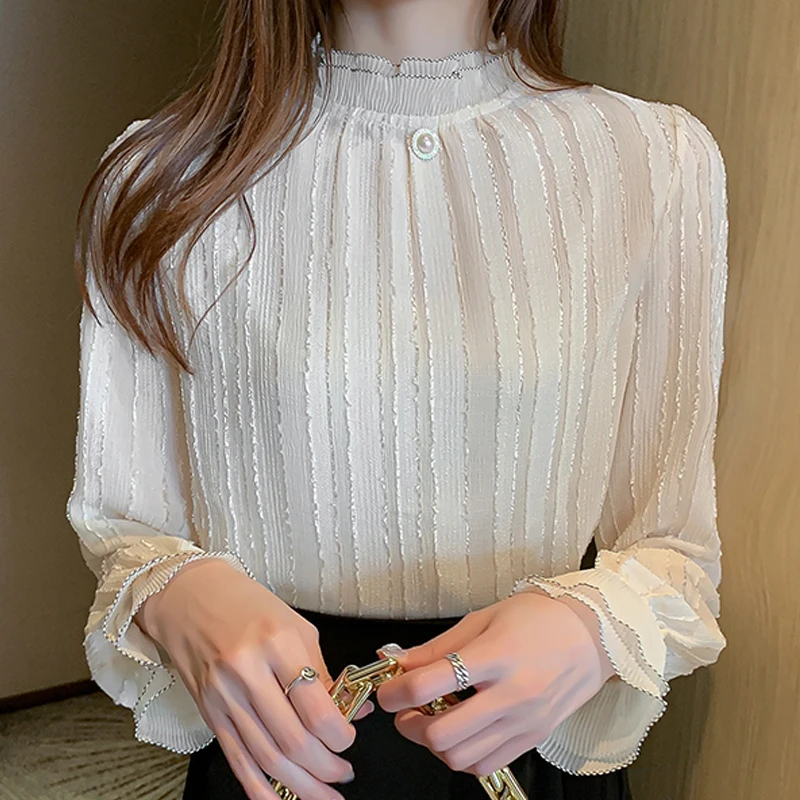 Spring Autumn Women Stand Collar Lace Chiffon Blouse Shirt Tops Long Sleeve Blouse Women Blusas Mujer De Moda 6615#