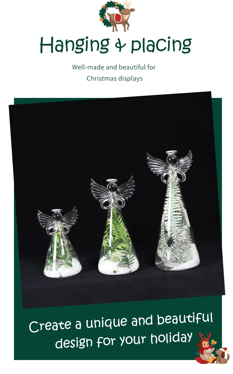 China customized small glass christmas gift ornament set of 3 spraying clear angel figurines bauble decoration that light up manufacture