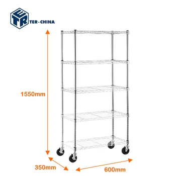 Movable Chrome Plated Shelving Unit With 4 Wheels (2 with Brake) 600x350x1550mm Steel Storage Shelf Cart Cargo&Storage Equiment