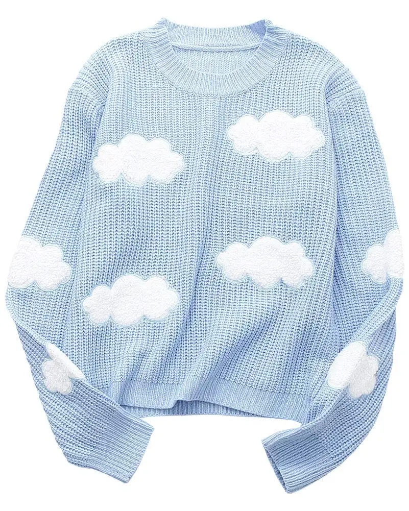 FLECTIT Clouds Applique Crew Neck Pullover Cozy Knit Sweater for Women  Aesthetic Tops Blue at  Women's Clothing store