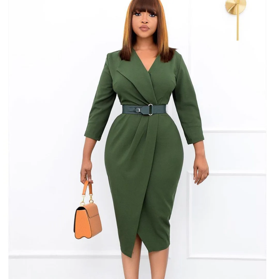 Free Shipping Fancy Designer V Neck Buckle Belt Solid Clothes Women Ladies Office Wear Dresses for Women