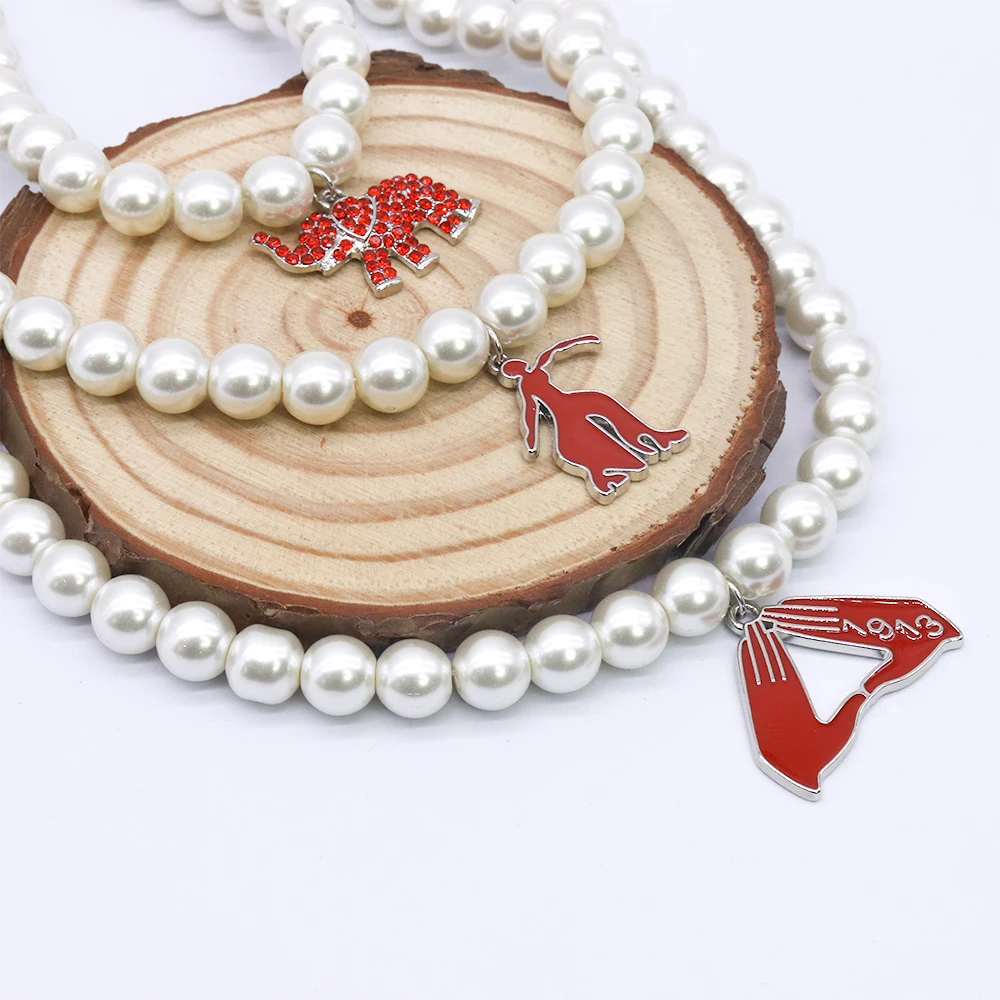 Sisterhood Delta Sigma Theta Inspired Red Elephant Fortitude Lady Triangle Hand Sign Charms Making Greek DST Pearl Necklace