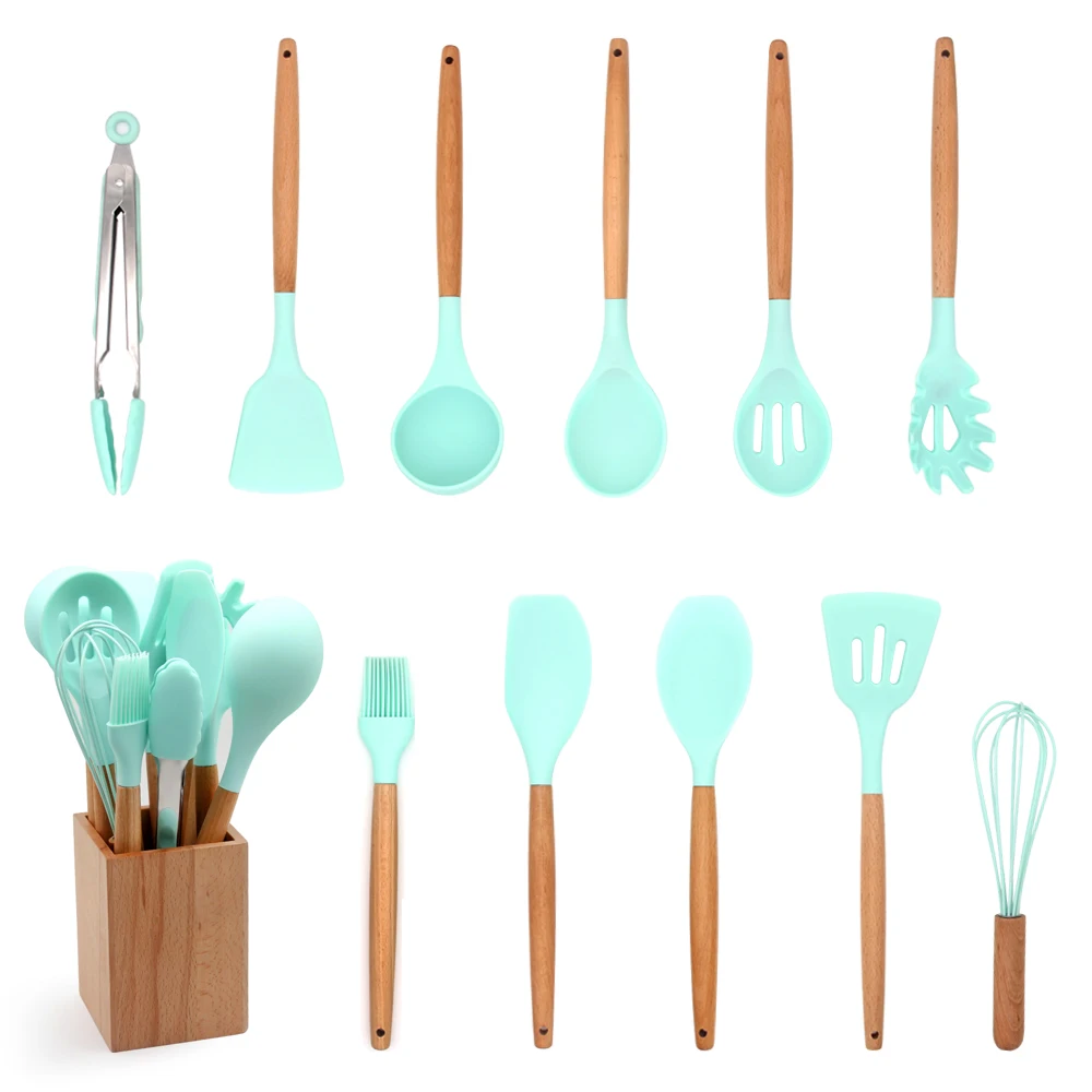 Лучшие продажи натурального дерева 11 шт. силиконовые пособия по кулинарии посуда с деревянной коробке