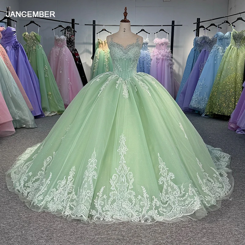 Sage Green Quinceanera Spaghetti Strap Ball Gown Tulle Sweet 15 16 Dress  Quinceanera Anos Formal Birthday Party Dy6824